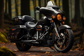 Road King with saddlebags, emphasizing its touring capabilities and long-distance appeal, Generative AI