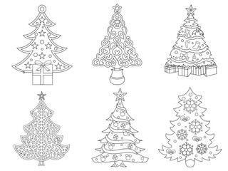 Christmas tree with gifts. Black and white vector illustration for coloring book