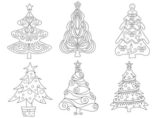 Christmas tree with gifts. Black and white vector illustration for coloring book