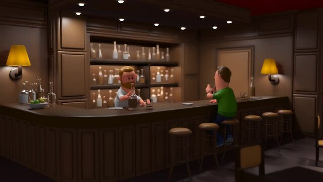 Alone man sitting at bar and drinking beer. 3D animation of bartender serving drink to customer.
