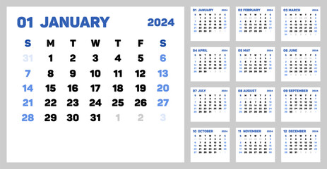Calendar 2024, week start Sunday corporate design template vector. Desktop planner in simple clean style. Corporate or business calendar. English vector calendar layout.