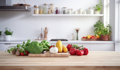 Empty wooden table with blurred kitchen interior background. Table with vegetables on top. Table top product display showcase stage. Image ready for montage your text or product. 