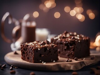 Delicious homemade brownie with ingredients on blurry background