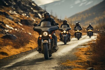 Group of bikers riding in formation on their motorcycles along a scenic highway, Generative AI