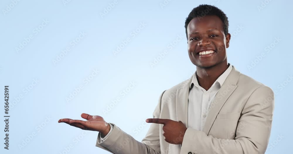 Canvas Prints Happy black man, pointing and palm in marketing or advertising against a blue background. Portrait of African businessman showing deal, information or promotion for choice in studio or mockup space