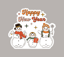 Merry Christmas and Happy New year. Snowmans in trendy retro cartoon style.	Cool sticker