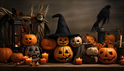 Halloween desktop setting with pumpkins, candles, and a lantern
