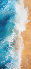 Zelfklevend Fotobehang Ocean Waves On Golden Sand, Drone View. Phone Wallpaper © Anastasiia