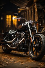 Classic motorcycle parked in front of a rustic barn, blending classic and rural aesthetics, Generative AI