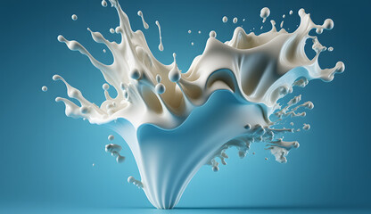 white milk or yogurt splash in wave shape isolated on blue background, 3d rendering Include clipping path. Generative Ai.