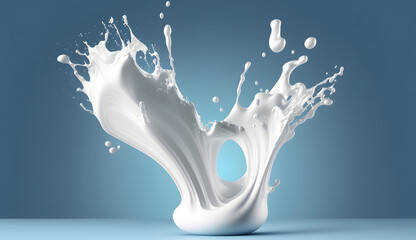 white milk or yogurt splash in wave shape isolated on blue background, 3d rendering Include clipping path. Generative Ai.