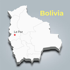 Bolivia 3d map with borders of regions and it’s capital