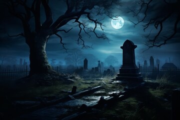 Close-up of a lone unidentified gravestone. Full moon is on the night sky - obrazy, fototapety, plakaty