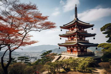 view of a majestic pagoda on the hill