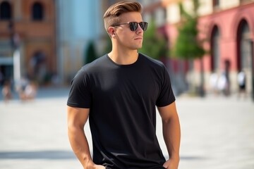 Young Male Model Wearing Black Tshirt On The Street In Daylight, Serving As Shirt Mockup Template For Design Print Mockup