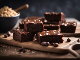 Delicious homemade brownie with ingredients on blurry background