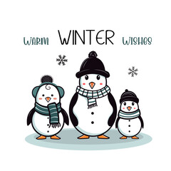Three penguins in warm scarves. Winter greeting illustration