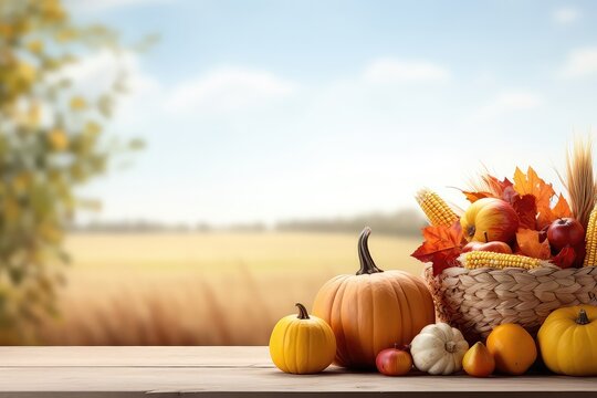 Basket Filled With Pumpkins, Apples, And Corn On Harvest Table, Framed By Field Trees And Sky Backdrop For Thanksgiving