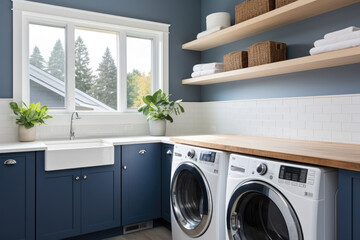 Spacious and modern laundry room with a serene and elegant farmhouse style, featuring a white and navy blue color scheme, organized cabinets, functional appliances, and a folding station.