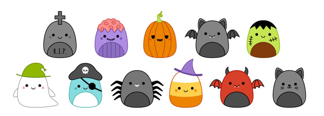 Big Halloween set of squishmallows. Squishmallow. Halloween set. Cartoon, kawaii, vector