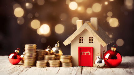 Petite House with Santa Hat Amidst Festive Gift Coins Decor, generative Ai