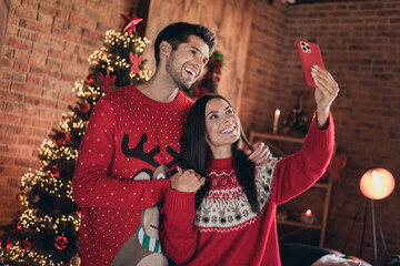 Photo of smiling young two people recording video selfie their comfortable atmosphere new year garland xmas tree isolated at home background