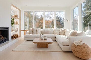 A Bright and Airy Living Room Haven: Serene Interior with Stylish Minimalism, Spacious Open Concept, and Tranquil Neutral Tones for Relaxation and Elegance.