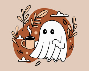 Ghost drinking coffee illustration. Sheet ghost holding a mug. Fall season aesthetic cute flat design with ghost, coffee and leaves. Minimalist vector illustration for print products.
