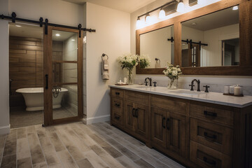 A Charming Barn Door and Beautiful Reclaimed Wood Accents Create Rustic Elegance in this Farmhouse Chic Bathroom, Blending Vintage-Inspired Charm with Trendy Design.