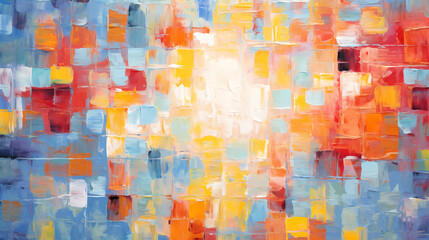 A painting of a colorful abstract painting with squares and lines on its surface