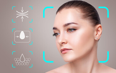 Infographic elements shows cleansing effect on beautiful female face.