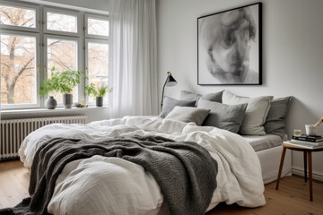Experience the Tranquility of a Serene and Minimalistic Scandinavian Bedroom with Cozy Wood Furnishings, Soft Textiles, and Abundant Natural Light