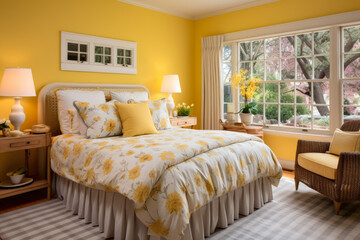 A Captivating Mustard Yellow Color Scheme Creates a Cozy and Vibrant Bedroom Interior, Exuding Warmth and Elegance with Stylish Furniture, Trendy Accents, and Inviting Ambiance.