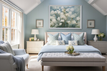 A Dreamy Bedroom Oasis: Serene Haven with Tranquil Ambiance, Soothing Sky Blue Colors, and Refreshing Textiles for Ultimate Comfort and Relaxation.