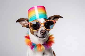 Fototapeta premium Funny Party Dog Wearing Colorful Summer Hat And Stylish Sunglasses Against White Background