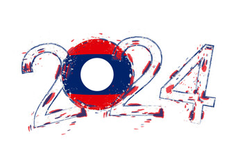 2024 Year in grunge style with flag of Laos.