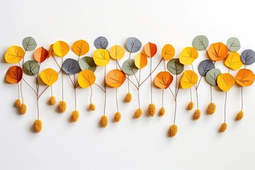 Garland Made Of Berry Eucalyptus Leaves, Branches, And Pumpkins, Isolated On White Table Background, Designed For Fall And Thanksgiving