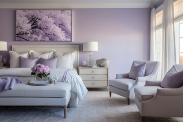 A Tranquil Bedroom Oasis: Dreamy Serenity and Elegance in a Lavender Color Scheme, Creating a Cozy and Peaceful Sanctuary for Relaxation and Sleep.