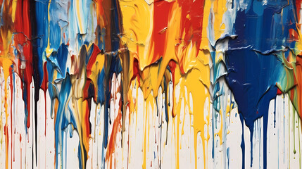 A painting of a multicolored wall with paint streaks on its surface and a white background
