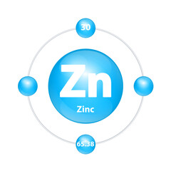 Zinc (Zn) Icon structure chemical element round shape circle light blue with surround ring. Period number shows of energy levels of electron. Study science for education. 3D Illustration vector.