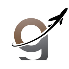 Brown and Black Lowercase Letter G Icon with an Airplane