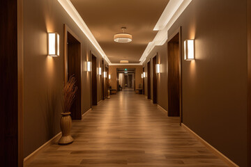 A Cozy and Elegant Mocha Colored Hallway Interior with Inviting Wooden Accents, Soft Lighting, and Spacious Design.