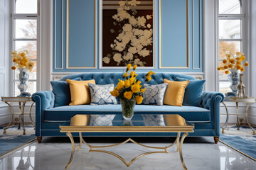 A Spacious and Luxurious Living Room Interior in Blue and Gold Colors, Harmoniously Combining Elegance, Sophistication, and Modern Style with Cozy Decor, Artwork, and Metallic Accents.
