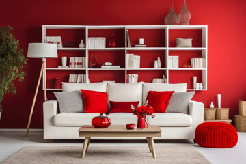 A Vibrant and Cozy Living Room Interior in Red and White Colors, Perfect for Relaxation and Entertainment, with Modern Furniture and Decorative Accessories.