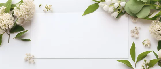 Tuinposter Framework for photos or congratulations, spring background, white flower, Generative Ai © Background Design