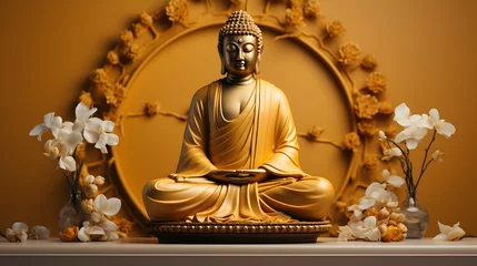 Zelfklevend Fotobehang buddha golden statue minimalist background © Hamsyfr