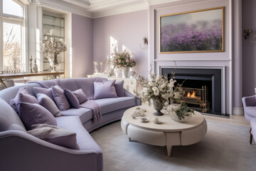 Fototapeta premium A Cozy and Elegant Living Room Interior in Beautiful Shades of Purple and Lavender, Creating a Serene and Inviting Atmosphere with Stylish Accessories, Modern Lighting, and Vibrant Artwork.