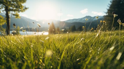 Beautiful natural scenery. Blooming grass with sunlight shining on it.