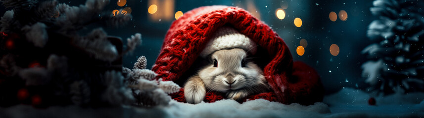 A cute bunny wearing a hat resting cozily amidst a pile of soft blankets set against a whimsical and festive backdrop.