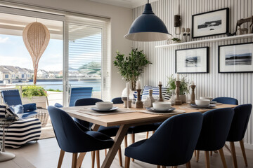 A Coastal Retreat with Stunning Nautical Dining Room Interior, Navy Blue and White Stripes, and Coastal Accents for an Elegant and Relaxing Beachy Ambiance.
